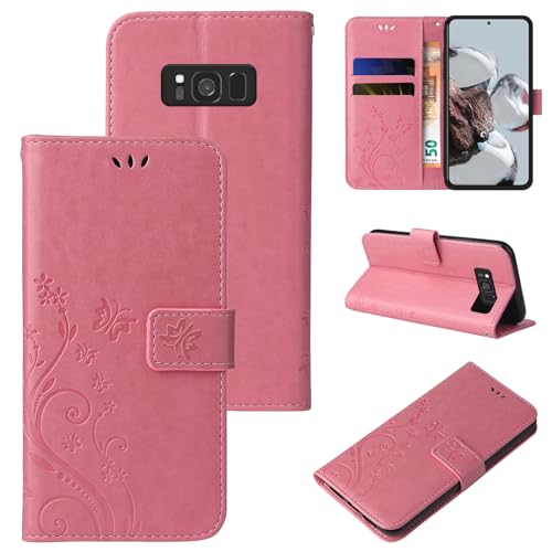 LBH Handy Hülle für Samsung Galaxy S8 Case Handytasche Schmetterling Blumen Flower Standfunktion Schutzhülle Magnet Rundum Schutz 360 Grad Flipcase Cover Rosegold von LBH