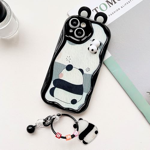 LBRYVTCE-3D unregelmäßiges cremefarbenes Muster Panda Handykette Lanyard Soft Case für iPhone 15 14 13 12 Pro Max Cover mit Glocke, für iPhone 15 Pro Max, schwarz von LBRYVTCE