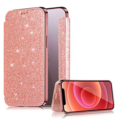 LCHDA Klapphülle für iPhone 12 Pro Max 6,7 Zoll, Brillant Glitzer PU Leder Flip Halterung Tasche Geldbörse mit Kartenhalter Transparente Weiche TPU Rückseitige Abdeckung Schutzhülle - Roségold von LCHDA