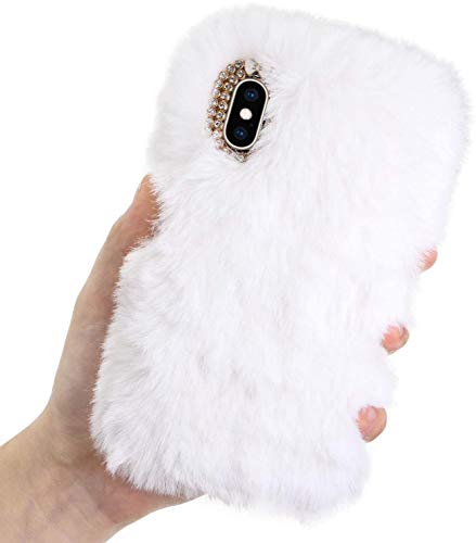 LCHDA Plüsch Hülle für iPhone 16 6.1" Flauschige Hasen Fell Handyhülle Mädchen Süße Winter Warm Weich Kaninchen Pelz Niedlich Hase Handytasche Schützend TPU Silikonhülle - Weiß von LCHDA