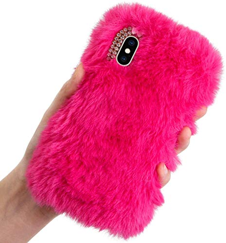 LCHDA Plüsch Hülle für iPhone 16 Plus 6.7" Flauschige Hasen Fell Handyhülle Mädchen Süße Winter Warm Weich Kaninchen Pelz Niedlich Hase Handytasche Schützend TPU Silikonhülle - Rose Rot von LCHDA