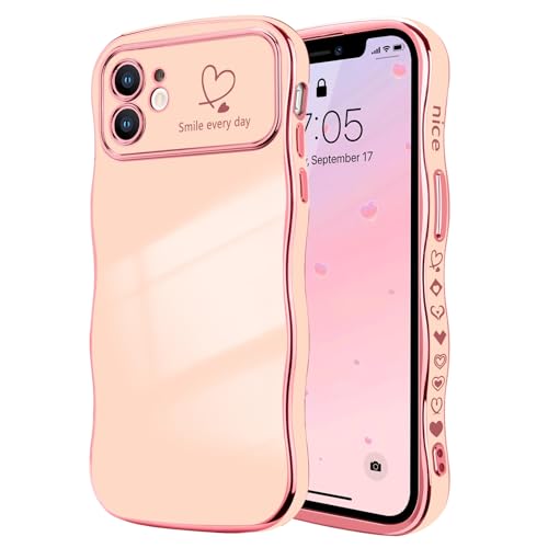 LCHULLE Kompatibel mit iPhone 12 Hülle Liebesherz Mädchen Handyhülle Wellen Lockige Form mit erhoben Kameraschutz Luxus Galvanisierte Schutzhülle Girls Case für iPhone 12 Rosa von LCHULLE