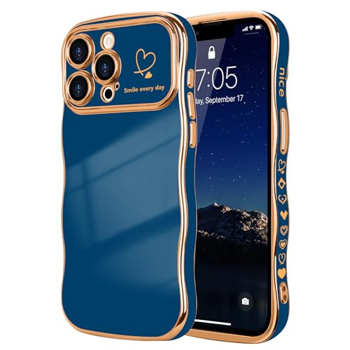 LCHULLE Kompatibel mit iPhone 13 Pro Hülle Liebesherz Mädchen Handyhülle Wellen Lockige Form mit erhoben Kameraschutz Luxus Galvanisierte Schutzhülle Girls Case für iPhone 13 Pro Marineblau von LCHULLE