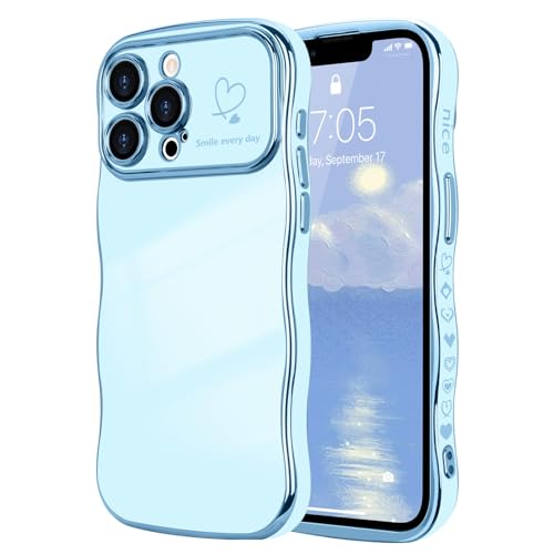 LCHULLE Kompatibel mit iPhone 13 Pro Max Hülle Liebesherz Mädchen Handyhülle Wellen Lockige Form mit erhoben Kameraschutz Luxus Galvanisierte Schutzhülle Girls Case für iPhone 13 Pro Max Blau von LCHULLE