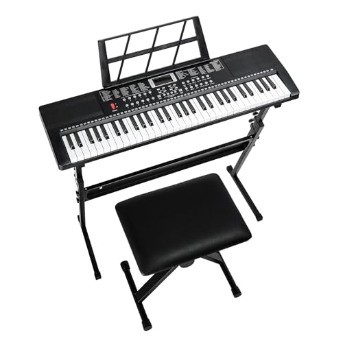 LEADZM Keyboard Piano 61 Tasten, Digital Piano mit Keyboardständer, Klavierbank, Notenständer, Kopfhörer, Mikrofon, LED-Bildschirm, 3 Lernmodi für Anfänger von LEADZM