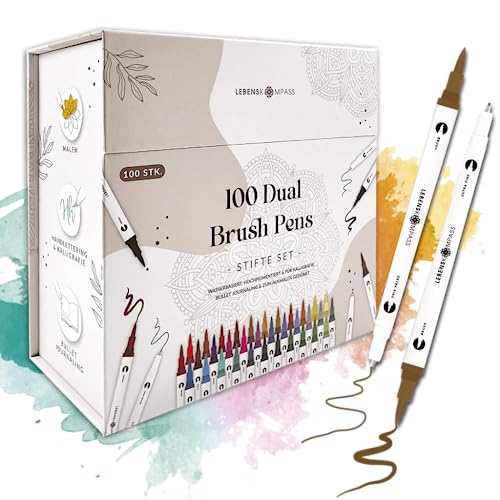 LEBENSKOMPASS® Brush Pen Set mit 100 wasserbasierten Dual Pinselstiften - Magnetbox mit Pinselstifte für Malbuch für Erwachsene, Handlettering, Kalligraphie & dein Bullet Journal von LEBENSKOMPASS