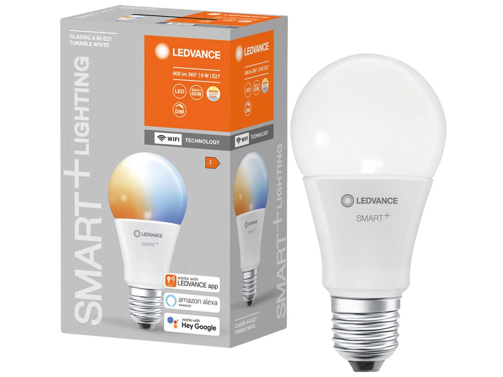 LEDVANCE LED-Lampe SMART+ WiFi Classic, A60, E27, EEK: F, 9 W, 806 lm, 2700…6500 K, Smart von LEDVANCE