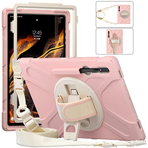 LEHEE Hülle für Samsung Galaxy Tab S8 Ultra, Drehbarer Handschlaufe /360-Grad-Ständer und Schulter Schutz Hülle für Samsung Galaxy Tab S8 Ultra 14.6" X900/X906, Rosa von LEHEE