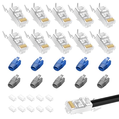 10 Stück Netzwerkstecker Cat7 Cat6A Pass Through RJ45 Stecker für Verlegekabel Geschirmt mit Einfädelhilfe und Knickschutz, 10Gbps/s 600MHz Lan Stecker, Switch/TV / PS4 / ADSL/Modem/TV Box/Router/PC von LEIBOCHAO