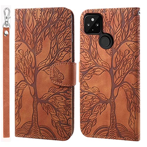 LEINOTWANCH Handyhülle für Google Pixel 4a 5G, Baum PU Leder Hülle, Magnetic Closure Etui Klapphülle Wallet Handytasche Anti-Diebstahl Flip Cover Case,Braun von LEINOTWANCH