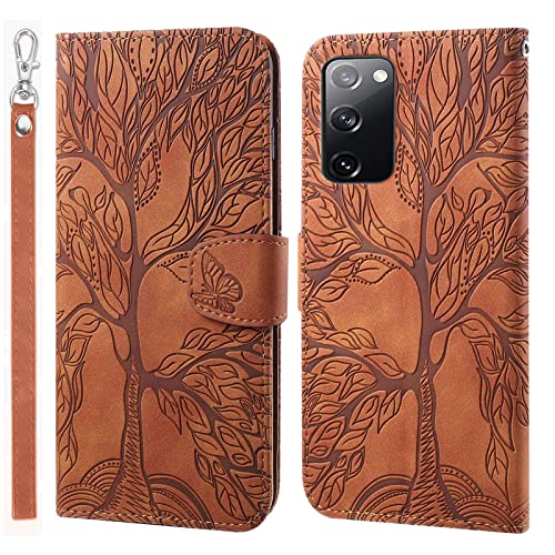 LEINOTWANCH Handyhülle für Samsung Galaxy S20 FE 4G/5G Wallet Flip Case Leder Handytasche,Magnetic Closure,Kartenfächer,Aufstellfunktion,schützend und geprägt mit Lebensbaum Muster-Braun von LEINOTWANCH