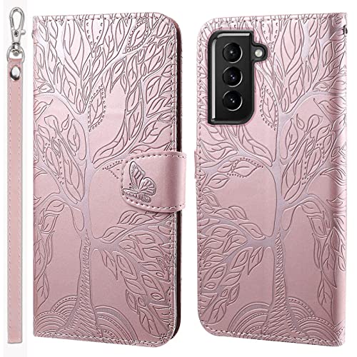 LEINOTWANCH Handyhülle für Samsung Galaxy S22+/S22 Plus 5G Wallet Flip Case Leder Handytasche,Magnetic Closure,Kartenfächer,Aufstellfunktion,schützend und geprägt mit Lebensbaum Muster-Rosa von LEINOTWANCH