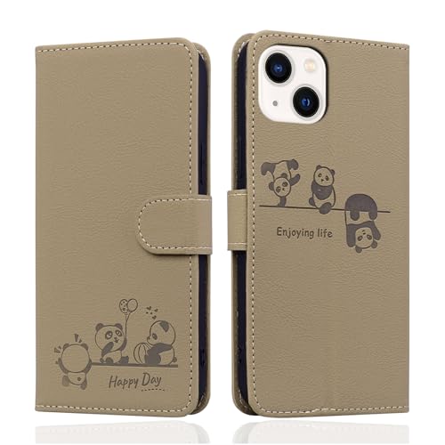 LEINOTWANCH Handyhülle für iPhone 15 Plus(6.7 Zoll),Kartenfächer Wallet Klapphülle mit Ständer,Niedlicher Pandabär PU Leder Magnetic Closure Schutzhülle,Brieftasche Klappbar Hülle,Khaki von LEINOTWANCH