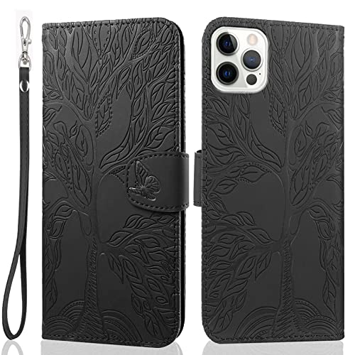 LEINOTWANCH Handyhülle für iPhone 15 Pro Max (6.7 Inch) Hülle Lebensbaum Schmetterling Leder Magnetic Closure Etui Klapphülle Wallet Handytasche Anti-Diebstahl Flip Cover Handyhülle,Schwarz von LEINOTWANCH