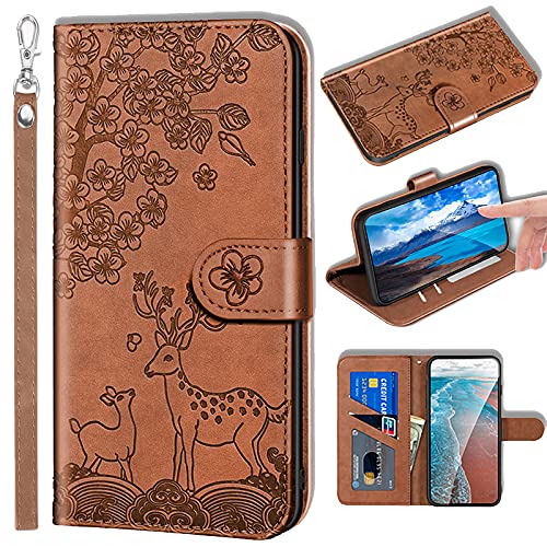 LEINUO Handyhülle für Samsung Galaxy A6 2018 Blume REH Geprägtes Muster PU Leder Brieftasche Hülle mit Clip Lanyard Magnetisch Flip Schutzhülle,Braun von LEINUO