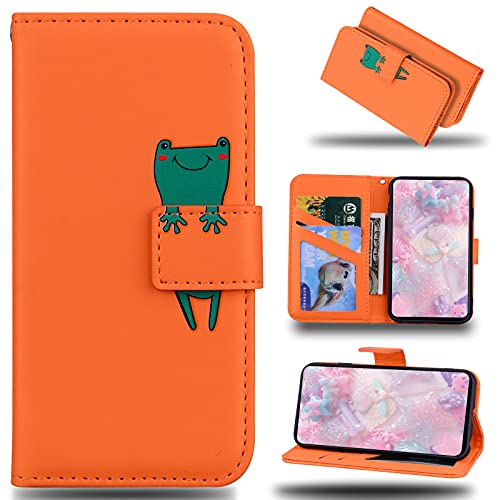 LEINUO Handyhülle für Samsung Galaxy A8 (2018) (5.6") PU-Leder Brieftasche Hülle mit Magnetischer Klapphülle [Kreditkartenfächer] [Mit Ständer] 3D-Cartoon-Muster,Orange Frosch von LEINUO