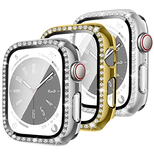 LEIXIUER 3 Stück Bling Diamond Case für Apple Watch 40mm 44mm 45mm 41mm Gesamt-PC-Abdeckung mit Displayschutz aus gehärtetem Glas und Kristalldiamanten, kompatibel mit iWatch Series 10 9 8 7 SE 6 5 4 von LEIXIUER