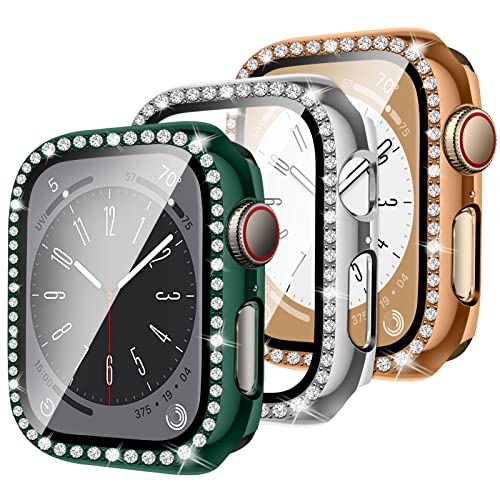 LEIXIUER 3 Stück Bling Diamond Case für Apple Watch 40mm 44mm 45mm 41mm Gesamt-PC-Abdeckung mit Displayschutz aus gehärtetem Glas und Kristalldiamanten, kompatibel mit iWatch Series 10 9 8 7 SE 6 5 4 von LEIXIUER