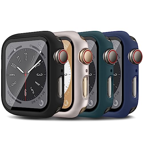 4-Stück für Apple Watch Hülle 38mm 40mm 41mm 42mm 44mm 45mm mit Displayschutz aus gehärtetem Glas,PC Case+Panzerglasfolie Vollschutz Hardcase HD Folie Rundum Schutzhülle für iWatch SE 9 8 7 6 5 4 3 von LEIXIUER