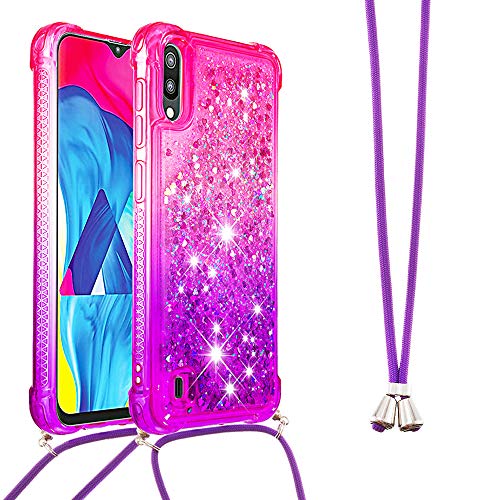 Handykette Handyhülle für Samsung Galaxy A50 Hülle,Glitzer Quicksand kreatives Fließende Flüssigkeit schwimmt Silikon Case mit Umhängeband Handykordel Band Kette für Galaxy A50,YB GS Pink Purple von LEMAXELERS