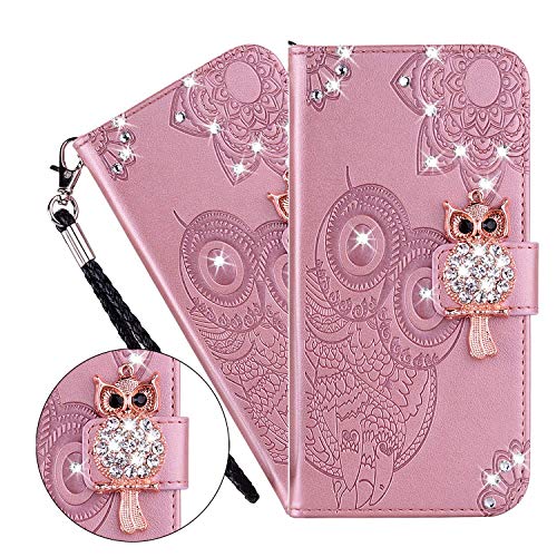 LEMAXELERS iPhone 8 Plus / 7 Plus Hülle,iPhone 8 Plus Handyhülle Glitzer Diamant Eule Blume Prägung Flip Case PU Leder Cover Magnet Schutzhülle Ständer Handytasche für iPhone 8 Plus,YK Owl Rose von LEMAXELERS