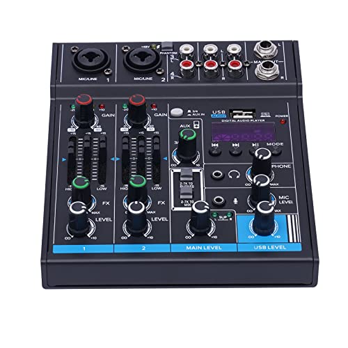 LENDISIY Professioneller Audio Mixer, 4-Kanal Soundboard-Mischpult, DJ-Mixer Soundboard-Konsolensystem mit MP3 USB Bluetooth, 48V Phantomspeisung für Aufnahmen, Live-Streaming, Podcasting von LENDISIY