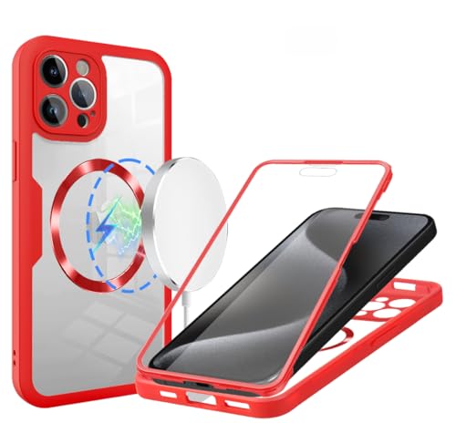 LENGRACE Magnetisch Handyhülle für iPhone 13 PRO,Kompatibel mit Magsafe Displayschutz Stoßfest Militärstandard Outdoor Transparent Case Schutzhülle für iPhone 13 PRO-Rot von LENGRACE