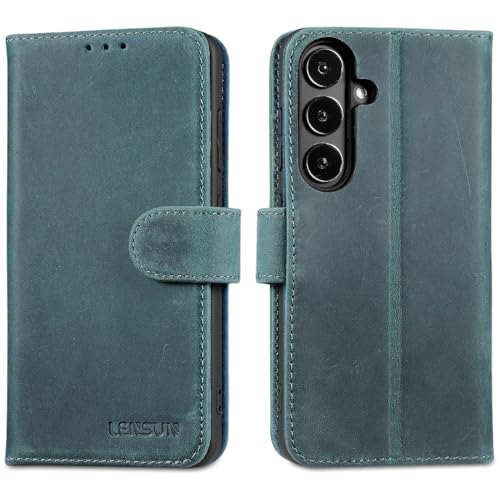 LENSUN Echtleder Hülle für Samsung Galaxy S24 5G, Handyhülle Echtes Leder [RFID Schutz] [Wallet Fach] Lederhülle Handytasche für Samsung Galaxy S24 - Retro Blau von LENSUN