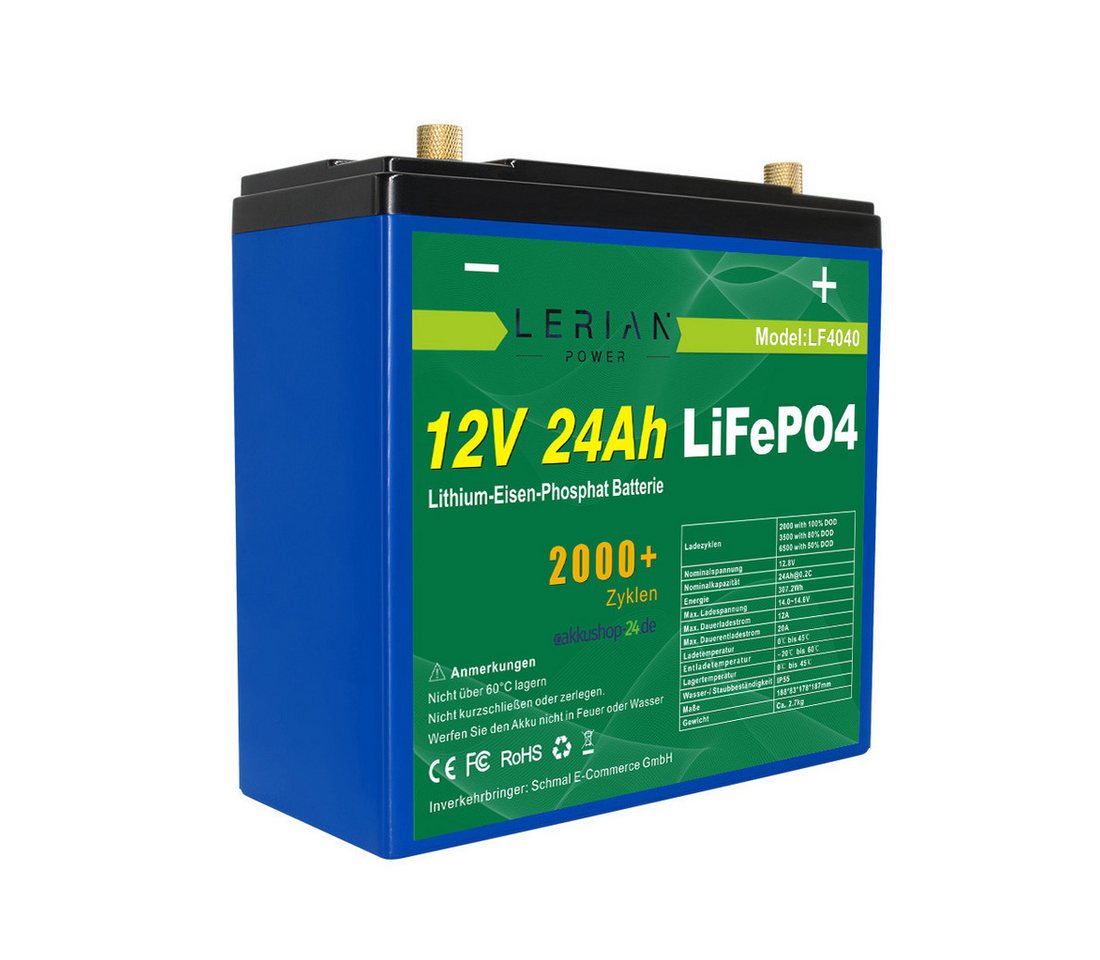 LERIAN POWER LiFePO4 Akku 12V 24Ah 20A LFP Batterie für Camping Boot Solar Akku von LERIAN POWER