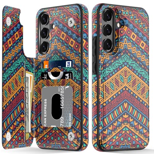 LETO Schutzhülle für Samsung Galaxy S24 FE, Klapphülle aus Leder mit modischem Blumen-Henna-Muster, für Mädchen und Frauen, mit Kartenfächern, Ständer, Schutzhülle für Samsung Galaxy S24 FE von LETO