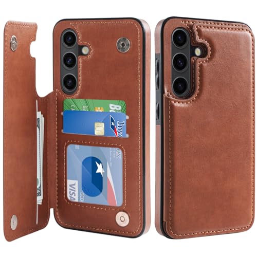 LETO Schutzhülle für Samsung Galaxy S24 FE, luxuriöses Klappetui, Leder, Brieftaschen-Schutzhülle mit Kartenfächern und Ständer, für Mädchen und Damen, Braun von LETO