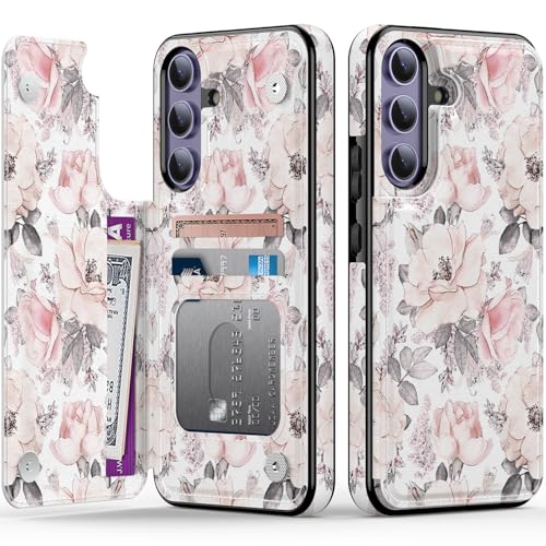 LETO Schutzhülle für Samsung Galaxy S25 (6,1 Zoll), Flip-Folio-Leder-Ständer, modische Blumen-Designs, Kreditkartenhalter, Schutzhülle für Damen und Mädchen, 15,5 cm, Champagnerblumen von LETO