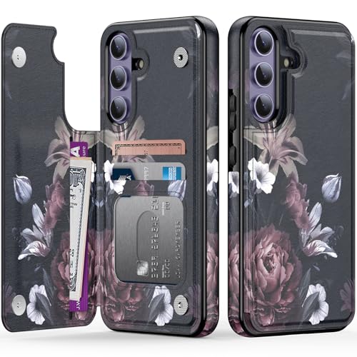 LETO Schutzhülle für Samsung Galaxy S25 Plus, Klappetui, Lederständer, modische Blumendesign, Kreditkartenhalter, Schutzhülle für Damen und Mädchen, 16,8 cm (6,6 Zoll), Weinrote Blumen von LETO