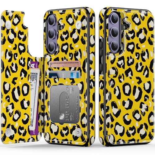 LETO Schutzhülle für Samsung Galaxy S25 Plus, Klappetui, Lederständer, modische Blumendesign, Kreditkartenfach, Schutzhülle für Damen und Mädchen, 16,8 cm (6,6 Zoll), Leopardenmuster, Gelb von LETO