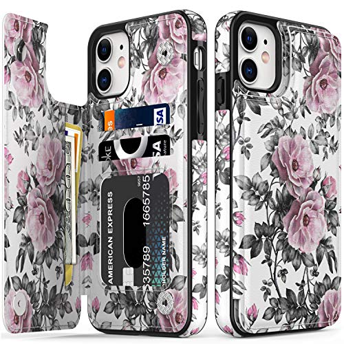 LETO Schutzhülle für iPhone 12 Mini Pro, iPhone 12 Mini, luxuriöses Klappetui, Leder, Brieftaschen-Schutzhülle mit modischen Designs für Mädchen und Frauen, Kartenfächer, Ständer, elegante rosa Blumen von LETO