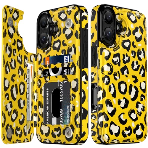 LETO Schutzhülle für iPhone XX – Klapphülle aus Leder – modische Blumen-Designs – Kartenfächer, Ständer – Schutzhülle für Damen und Mädchen – 15,5 cm (6,1 Zoll) – netter gelber Leopard von LETO