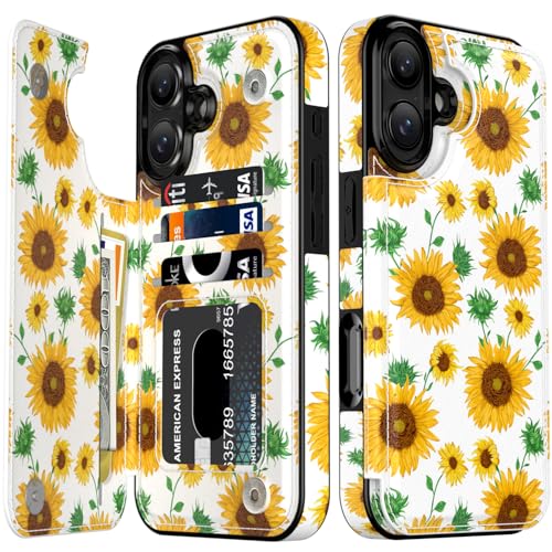 LETO Schutzhülle für iPhone XX Plus – Klapphülle aus Leder – modische Blumen-Designs – Kartenfächer, Ständer – Schutzhülle für Damen und Mädchen – 17 cm (6,7 Zoll) – schöne Sonnenblumen von LETO