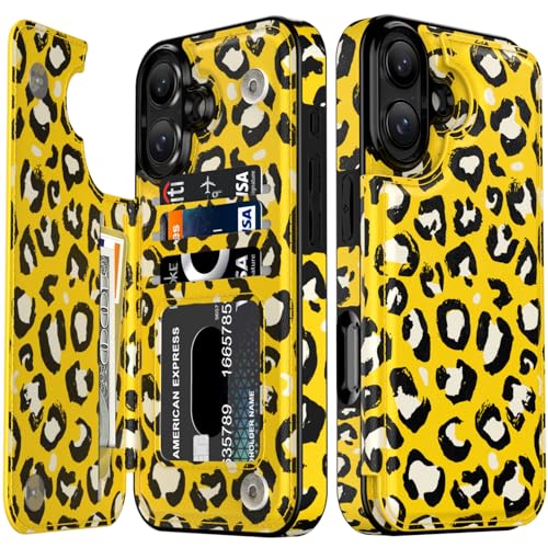 LETO Schutzhülle für iPhone XX Plus – Klapphülle aus Leder – modische Blumen-Designs – Kartenfächer, Ständer – Schutzhülle für Damen und Mädchen – 17 cm (6,7 Zoll) – schöner gelber Leopard von LETO