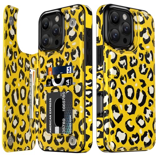 LETO Schutzhülle für iPhone XX Pro – Klapphülle aus Leder – modische Blumen-Designs – Kartenfächer, Ständer – Schutzhülle für Damen und Mädchen – 15,5 cm (6,1 Zoll) – netter gelber Leopard von LETO