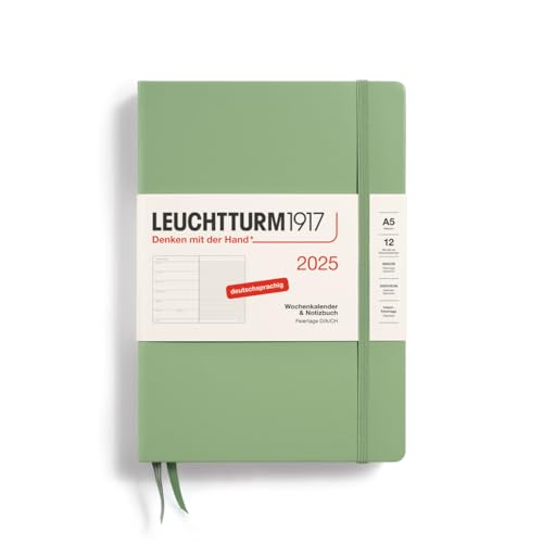 LEUCHTTURM1917 370490 Wochenkalender & Notizbuch 2025, Medium A5 Hardcover - 12-Monats-Planer, 80 g, liniert - Salbei von LEUCHTTURM1917