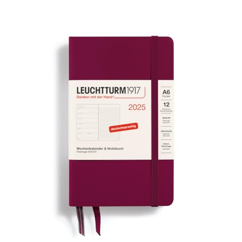 LEUCHTTURM1917 370499 Wochenkalender & Notizbuch 2025, Pocket A6 Hardcover - 12-Monats-Planer, 80 g, liniert - Port Red von LEUCHTTURM1917