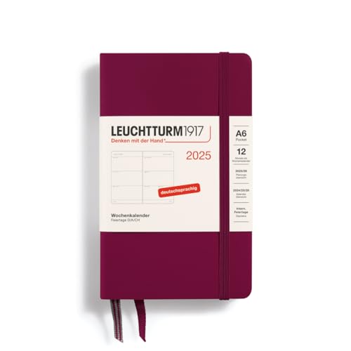 LEUCHTTURM1917 370551 Wochenkalender 2025, Pocket A6 Hardcover - 12-Monats-Planer, 80 g, liniert - Port Red von LEUCHTTURM1917