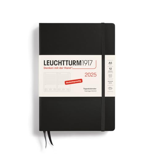 LEUCHTTURM1917 370593 Tageskalender 2025, Medium A5 Hardcover - 12-Monats-Planer und Notizbuch, 80 g, liniert - Schwarz von LEUCHTTURM1917