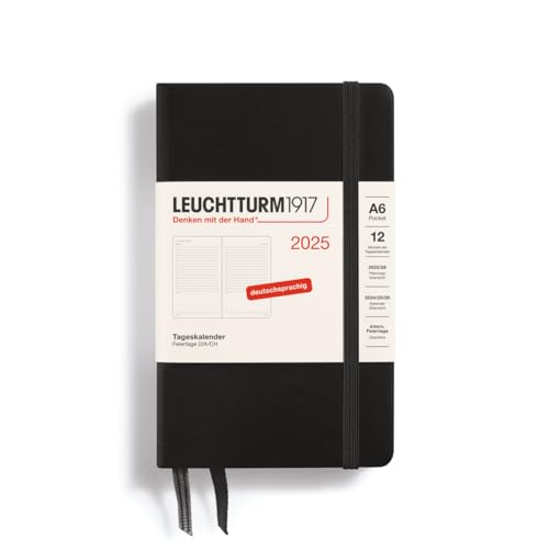 LEUCHTTURM1917 370599 Tageskalender 2025, Pocket A6 Hardcover - 12-Monats-Planer und Notizbuch, 80 g, liniert - Schwarz von LEUCHTTURM1917