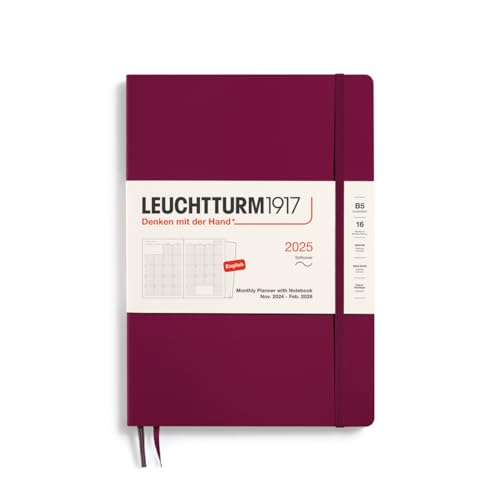 LEUCHTTURM1917 370708 Monatsplaner & Notizbuch 2025, Composition B5 Softcover - 16 Monate, liniert - Port Red, Englisch von LEUCHTTURM1917