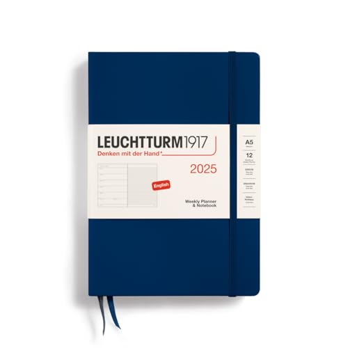 LEUCHTTURM1917 370745 Wochenkalender & Notizbuch 2025, Medium A5 Hardcover - 12-Monats-Planer, liniert - Marine, Englisch von LEUCHTTURM1917