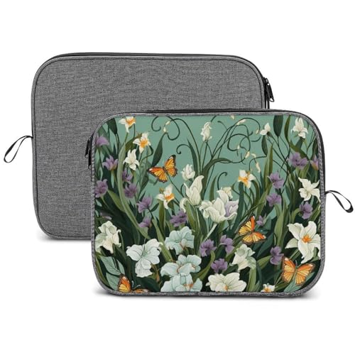 Laptophülle mit Blumen und Schmetterlingen auf grünem Hintergrund, Schneeflocken-Laptop-Tasche, Computer-Tragetasche, Aktentasche, Schutzhülle, 14 Zoll (35,6 cm) von LFDSEPYM