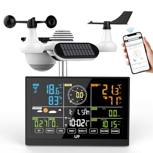 LFF Wetterstation Funk mit Außensensor, Funkwetterstation mit Regenmesser, UV-Index, Windgeschwindigkeit/Richtung, Wettervorhersage, Barometer, WLAN-Wetterstationen mit 4 Stufen Hintergrundbeleuchtung von LFF