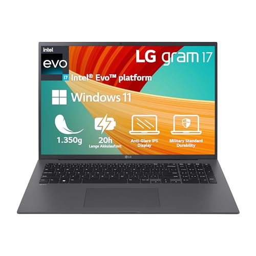 2023 LG gram 17 Zoll Ultralight Notebook - 1.350g Intel Core i7 Laptop (16GB RAM, 512GB SSD, 20h Akkulaufzeit, 16:10 Entspiegeltes IPS-Display, Thunderbolt 4, Win 11 Home, Mirametrix) - Grau von LG