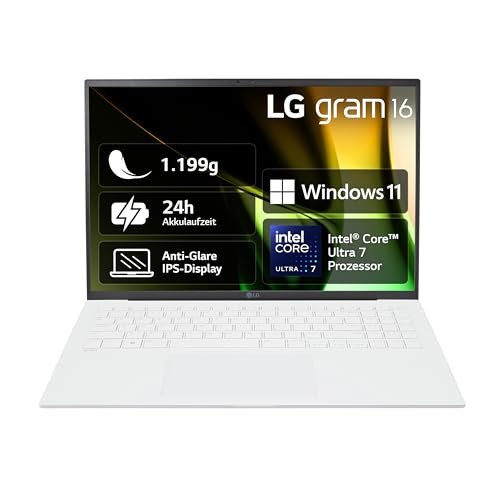 2024 LG gram 16 Zoll Notebook - 1199g Intel Core Ultra7 Laptop (16GB RAM, 1TB Dual SSD, 24h Akkulaufzeit, IPS Panel Anti-Glare Display, Win 11 Home) - Weiß von LG